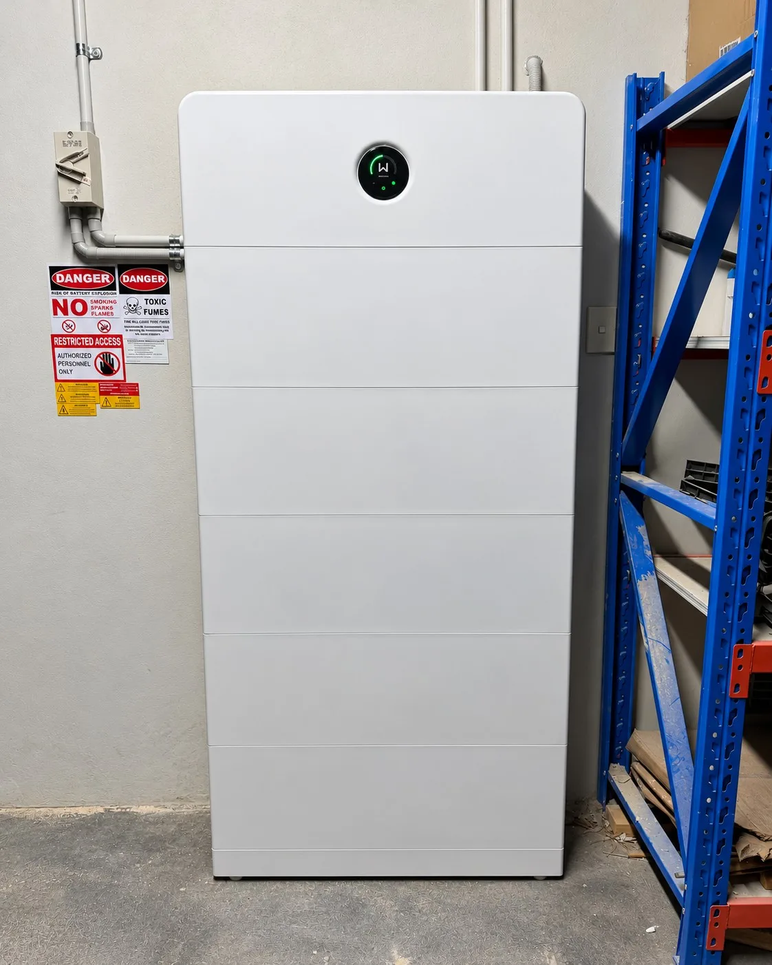 White GoodWe battery stack installed in a storeroom beside steel shelving