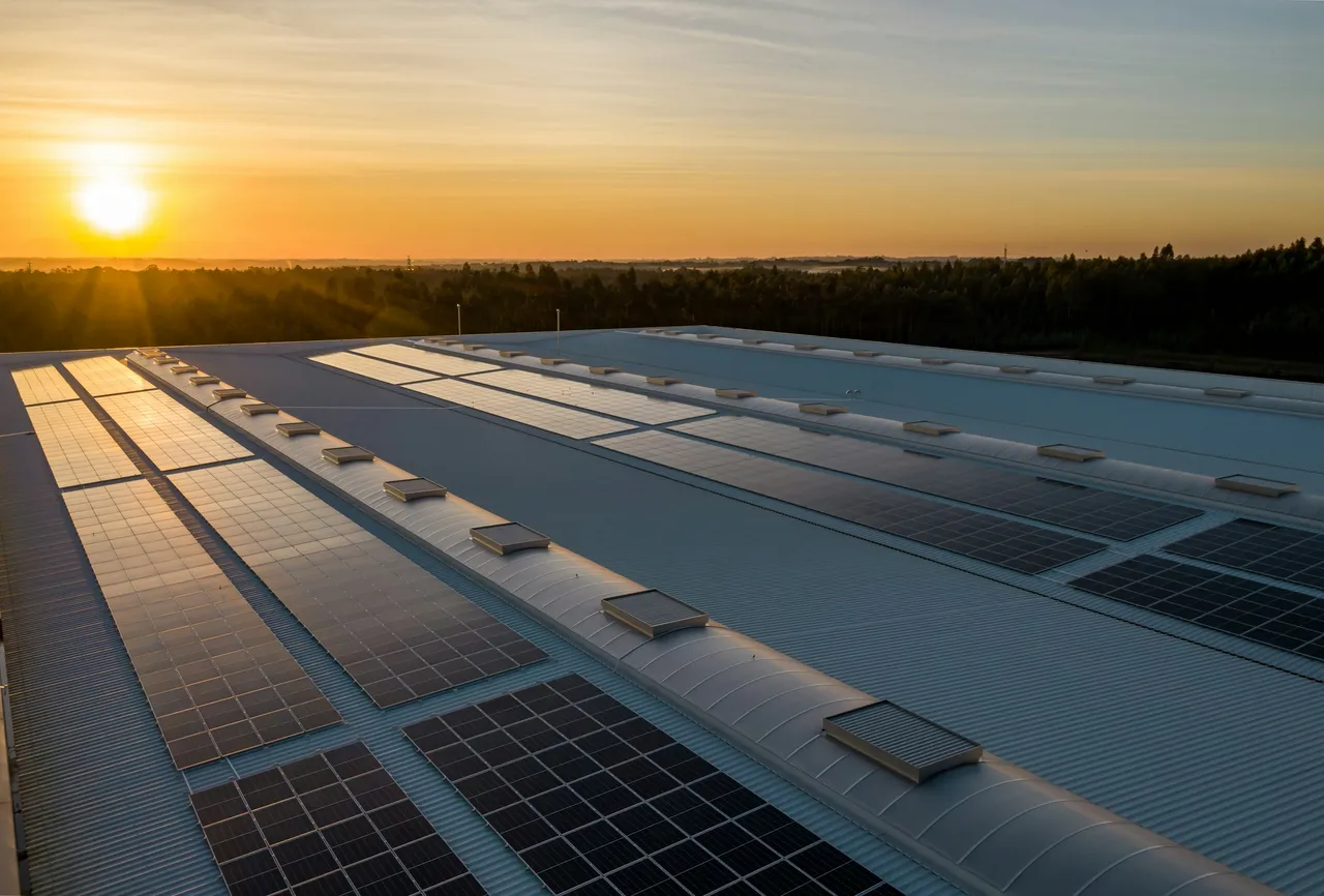 Large commercial rooftop solar array on a metal roof at sunset